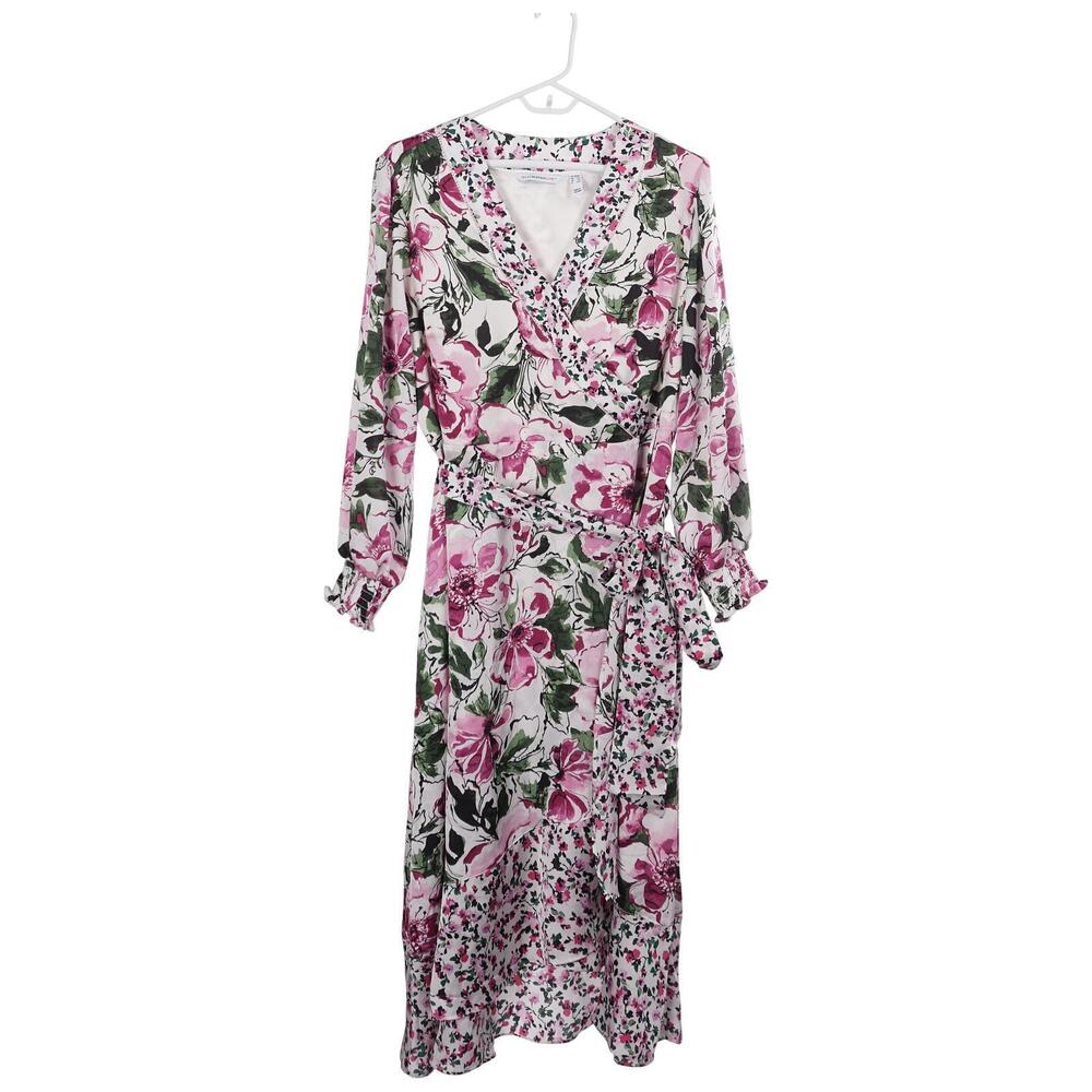 Isaac Mizrahi Dress 18WP Floral Print Faux Wrap Tie Belt V-Neck Hi-Low Hem